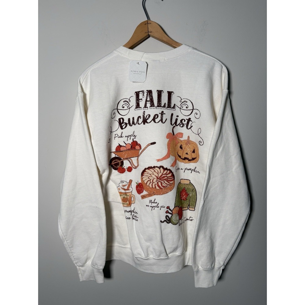 NWT Altar'd State Fall Bucket List Sweatshirt Cream Graphic Crewneck Size S